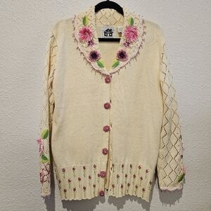 Women's Storybook Knits Handknit Beaded Floral Cardigan Size S